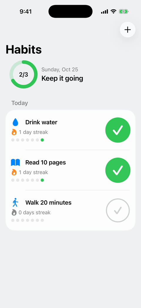 Habit tracker app on an iPhone screen: Drink water and Read 10 pages are checked off with one-day streaks, and Walk 20 minutes is still open