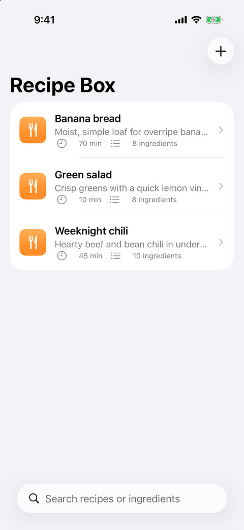 Recipe Box app on an iPhone screen listing Banana bread, Green salad and Weeknight chili with cooking times and ingredient counts, and a search field